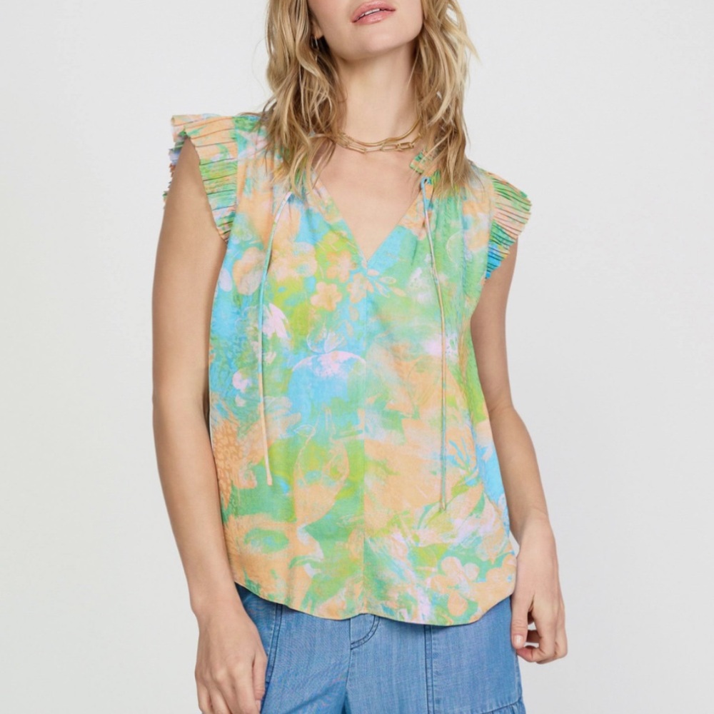 Current Air Pastel Floral V-Neck Ruffle Sleeve Blouse - Green Blue Peach